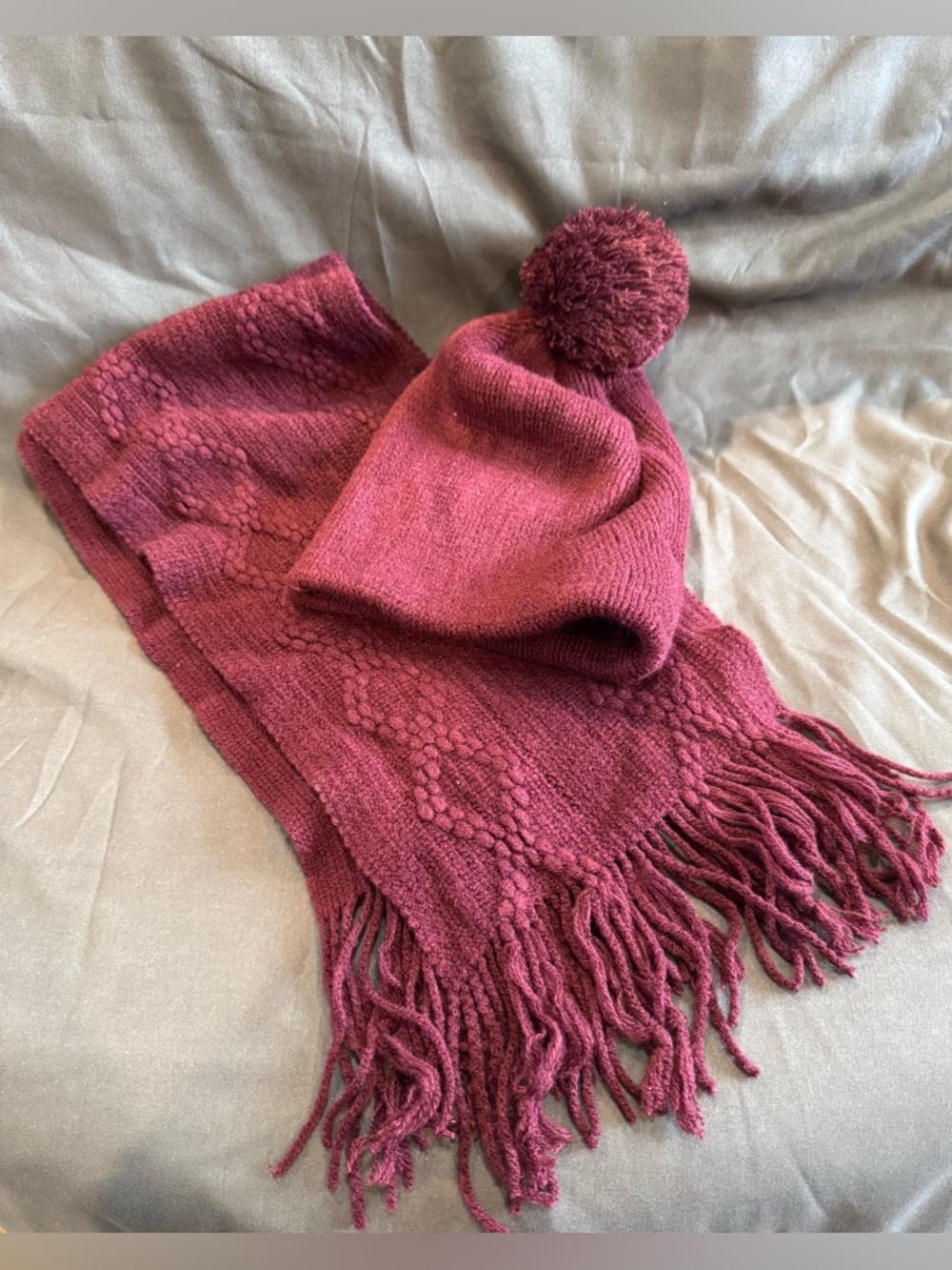 NY&C Women's Pom-Pom Beanie and Fringe Scarf Set - Raspberry